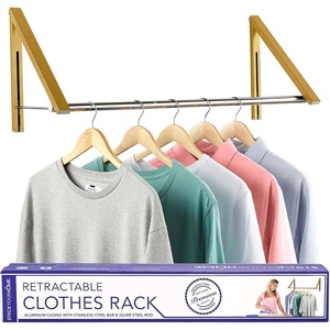 image:imageDouble Foldable Clothing Rack w Extension Rod WallMounted Retractable Clothes Hanger for Laundry Dryer Room Hanging Drying Rod Small Collapsible Folding Garment Racks Dorm Accessories BlackGold