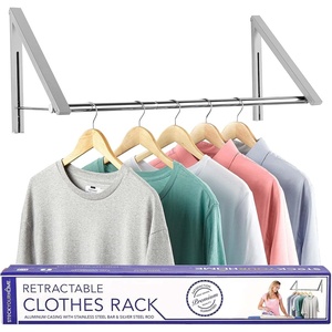 image:imageDouble Foldable Clothing Rack w Extension Rod WallMounted Retractable Clothes Hanger for Laundry Dryer Room Hanging Drying Rod Small Collapsible Folding Garment Racks Dorm Accessories BlackChrome